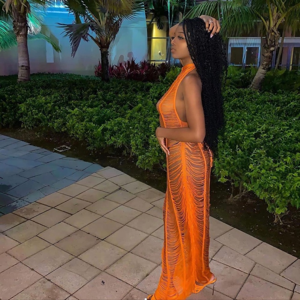 Orange Fringe Halter Maxi Dress